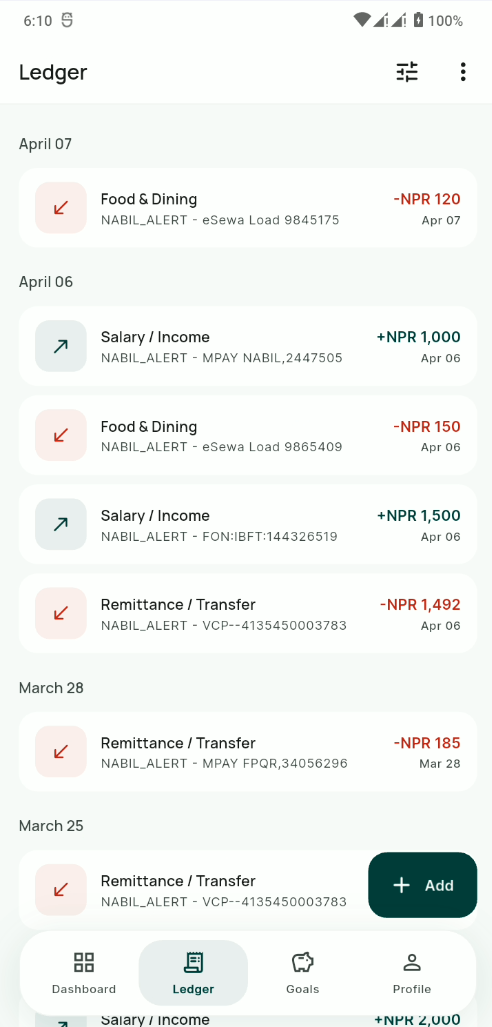 Transaction ledger list screen