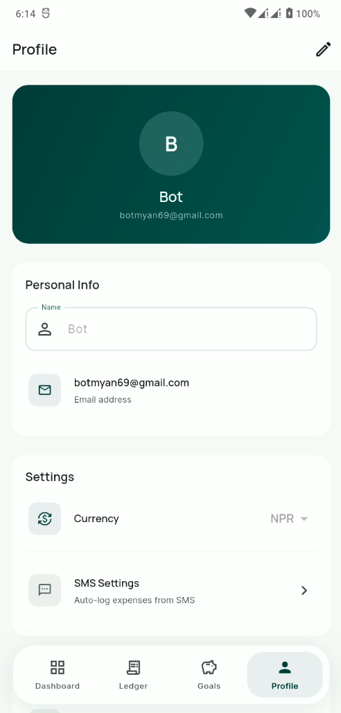 Profile and settings screen